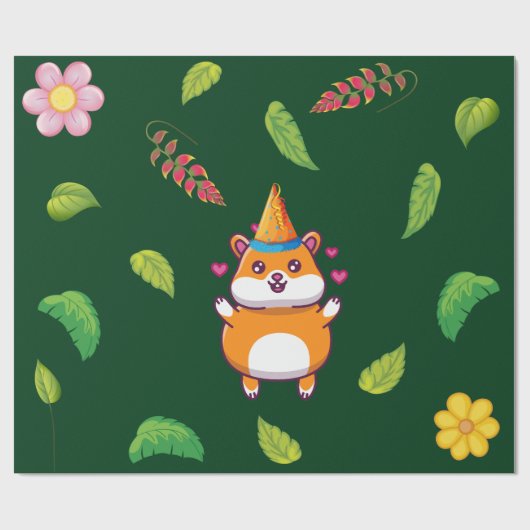Leuke Hamster Botanical Theme Kind's Verjaardagsfe Cadeaupapier (Vlak)