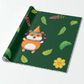 Leuke Hamster Botanical Theme Kind's Verjaardagsfe Cadeaupapier (Uitgerold)