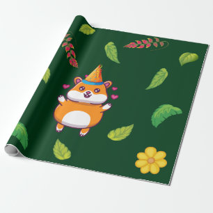 Leuke Hamster Botanical Theme Kind's Verjaardagsfe Cadeaupapier