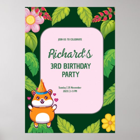 Leuke Hamster Botanical Theme Kind's Verjaardagsfe Poster (Voorkant)