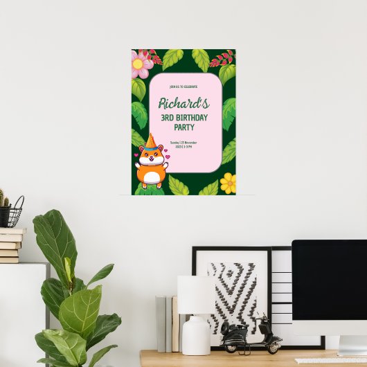 Leuke Hamster Botanical Theme Kind's Verjaardagsfe Poster (Thuiskantoor)