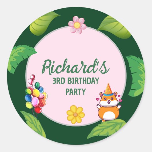 Leuke Hamster Botanical Theme Kind's Verjaardagsfe Ronde Sticker (Voorkant)