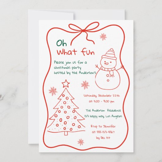 Leuke Hand-Drawn Kerstfeest Uitnodiging -sneeuwpop (Voorkant)