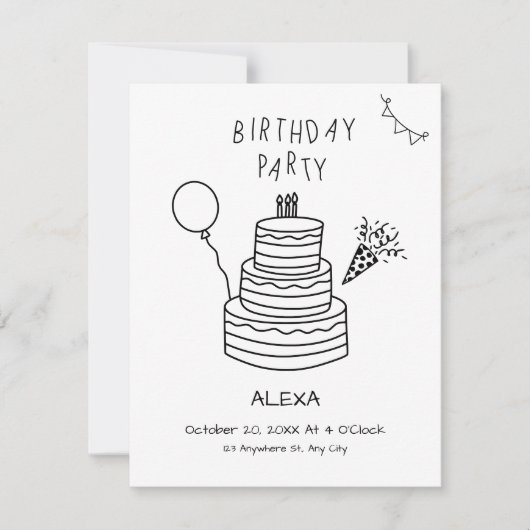 Leuke hand getekende verjaardagstaart kaart (Voorkant)