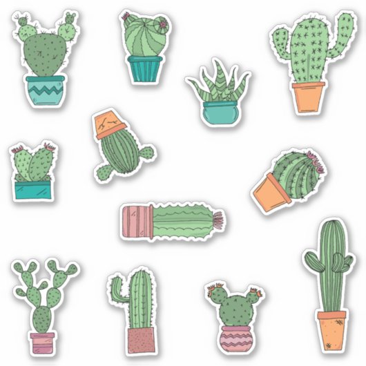 Leuke Hand getrokken Cactus Planten in Pots 12 Ver Sticker (Voorkant)
