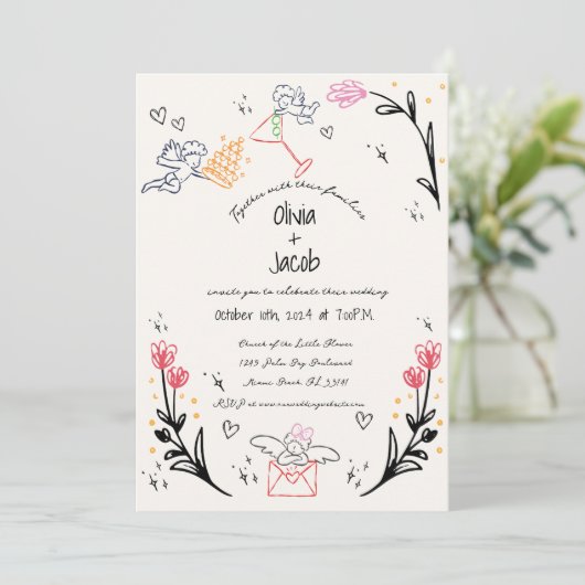 Leuke Hand getrokken Cupido Wildflower Scribble Br Kaart (Staand voorkant)