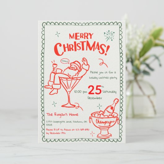 Leuke Hand getrokken Doodle Vrolijk Kerstmis Cockt Kaart (Staand voorkant)