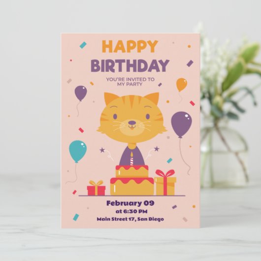 Leuke hand getrokken kat Verjaardag uitnodiging ka (Staand voorkant)
