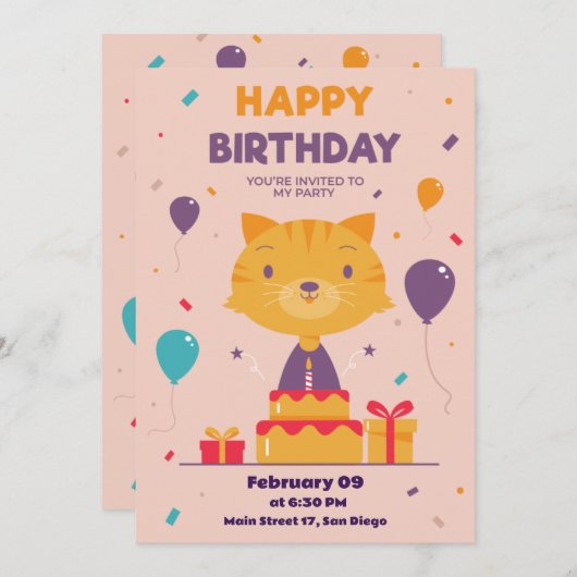 Leuke hand getrokken kat Verjaardag uitnodiging ka (Voorkant / Achterkant)