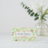 Leuke Hand getrokken retro bloemen groen & beige Visitekaartje (Staand voorkant)