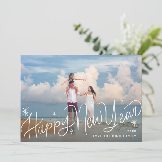 Leuke handgeschreven Happy New Year foto Feestdagenkaart (Staand voorkant)