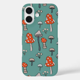 Leuke, handgetekende champignons op een felblauwe  iPhone 16 hoesje