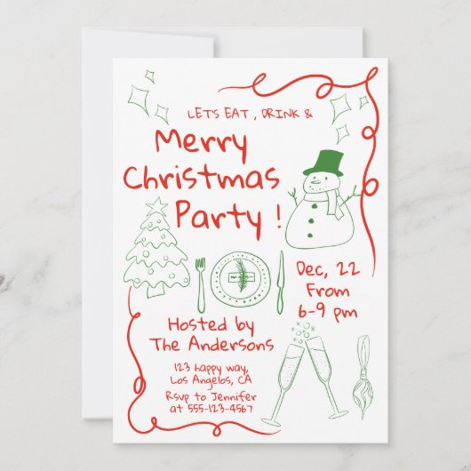 Leuke handgetekende kerstfeest uitnodiging (Voorkant)