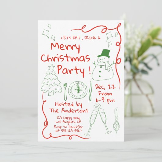 Leuke handgetekende kerstfeest uitnodiging (Staand voorkant)