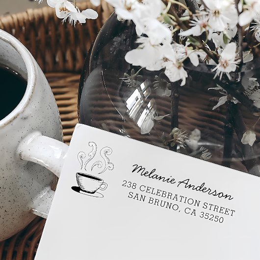 Leuke handgetekende koffiekopje naam & retouradres rubberstempel