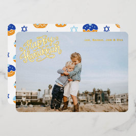 Leuke Hanukkah-sterren & Jelly Donut Patroon Goud Folie Feestdagenkaart