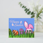 Leuke Happy Easter Bunny en Eggs in Grass Briefkaa Feestdagenkaart (Staand voorkant)