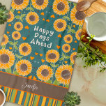 Leuke Happy Sunflower Stripes Custom Naam Stijlvol Theedoek<br><div class="desc">Chique gepersonaliseerde bloemmotief moderne streep keukenhanddoek. Deze kleurrijke zonnebloem keukenhanddoeken zijn perfect om een pop kleur aan uw keuken toe te voegen. Maak ze uniek voor u door jouw naam of favoriete offerte toe te voegen. Of je nu een doorgewinterde chef-kok bent of een aspirant huiskok, deze handdoeken zijn de...</div>