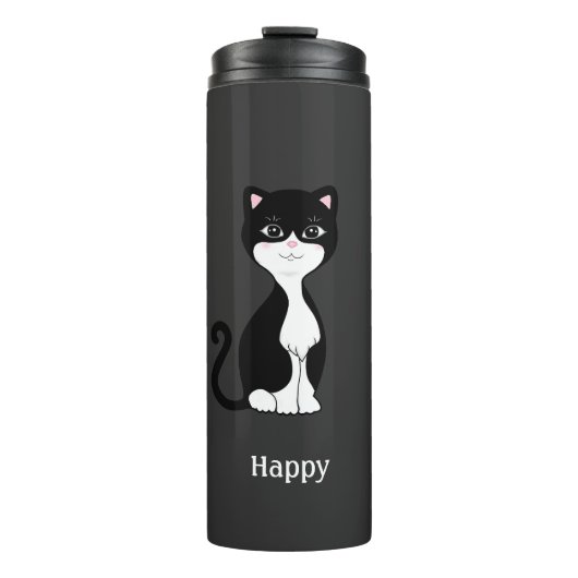 Leuke Happy Tuxedo Kat op Bijna Zwart Thermosbeker (Voorkant)