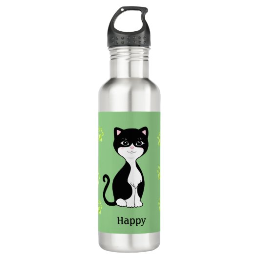 Leuke Happy Tuxedo Kat op Lichtgroen Waterfles (Voorkant)
