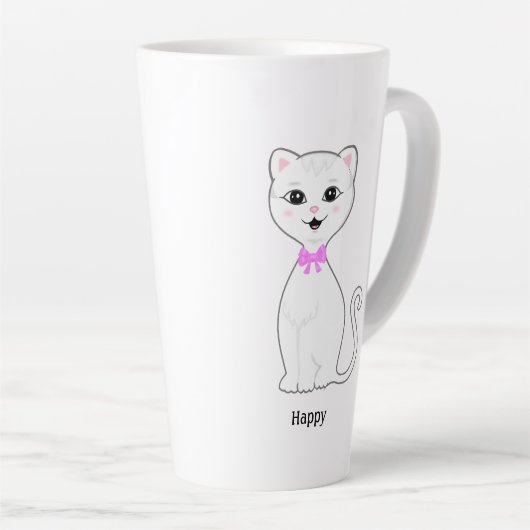 Leuke Happy White Cat Cartoon Latte Mok (Rechterhoek)