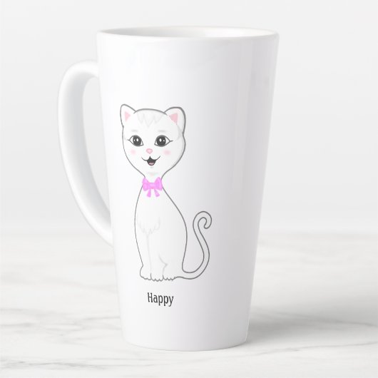Leuke Happy White Cat Cartoon Latte Mok (Linkerhoek)