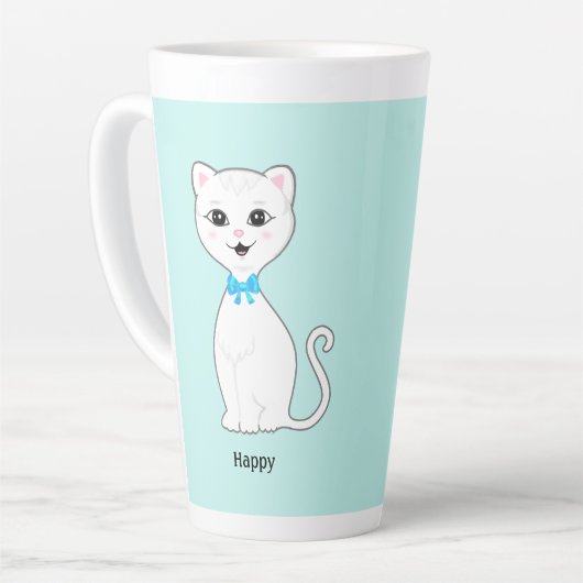 Leuke Happy White Cat op Lichtblauw Latte Mok (Linkerhoek)