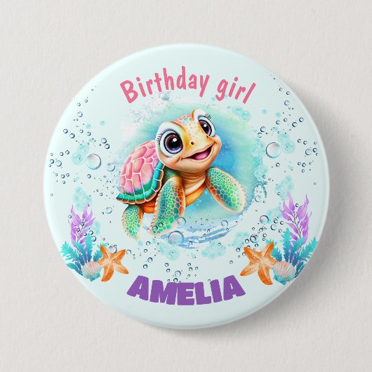 Leuke Happy Zee Turtle Kleurrijke 1e Verjaardag Ronde Button 7,6 Cm (Voorkant)