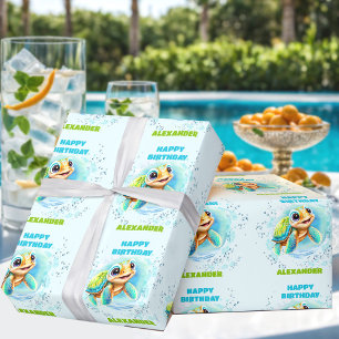 Leuke Happy Zee Turtle Naam Little Boy Verjaardag Cadeaupapier