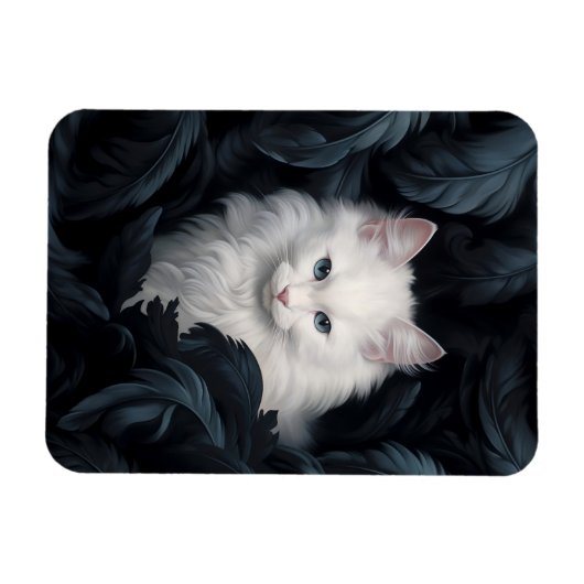 Leuke harige witte kat die tussen de bladeren zit magneet (Horizontaal)