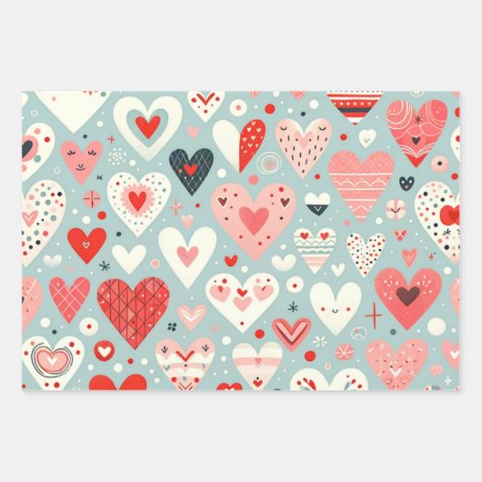 Leuke harten op Blue Whimsical Fancy Valentijnsdag Inpakpapier Vel (Voorkant 2)
