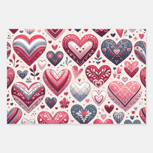 Leuke harten op Blue Whimsical Fancy Valentijnsdag Inpakpapier Vel (Voorkant)