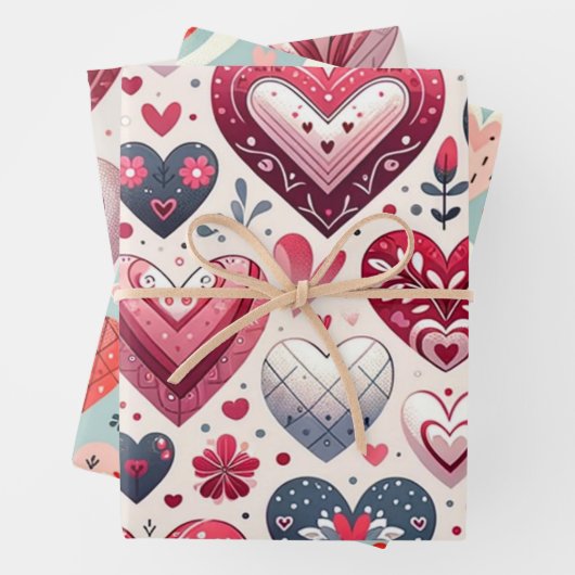 Leuke harten op Blue Whimsical Fancy Valentijnsdag Inpakpapier Vel (In situ)