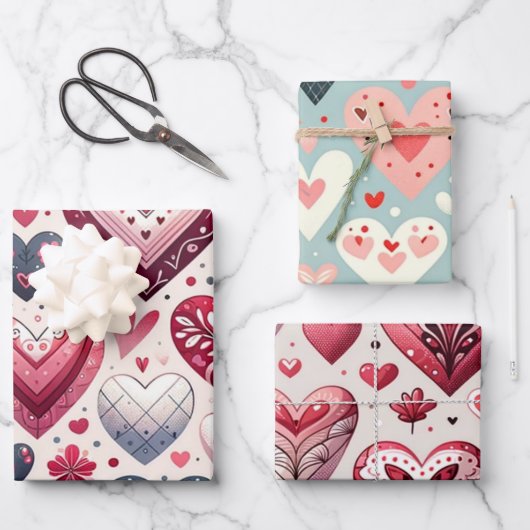 Leuke harten op Blue Whimsical Fancy Valentijnsdag Inpakpapier Vel (Voorkant)
