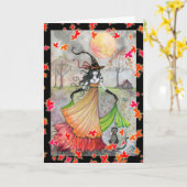 Leuke heks en kat Halloween Kaart (Gele Bloem)