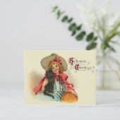 Leuke heks meisje zwart kat pompoen briefkaart (Staand voorkant)