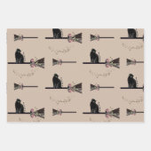 Leuke heksen bloemenroze bezemsteel zwarte kat inpakpapier vel (Voorkant 3)