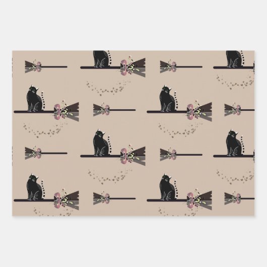 Leuke heksen bloemenroze bezemsteel zwarte kat inpakpapier vel (Voorkant 3)