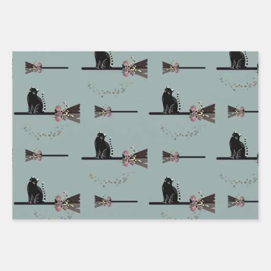 Leuke heksen bloemenroze bezemsteel zwarte kat inpakpapier vel (Voorkant 2)