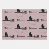 Leuke heksen bloemenroze bezemsteel zwarte kat inpakpapier vel (Voorkant)