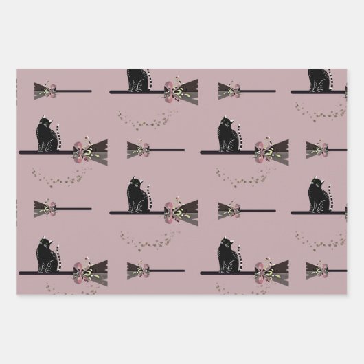 Leuke heksen bloemenroze bezemsteel zwarte kat inpakpapier vel (Voorkant)