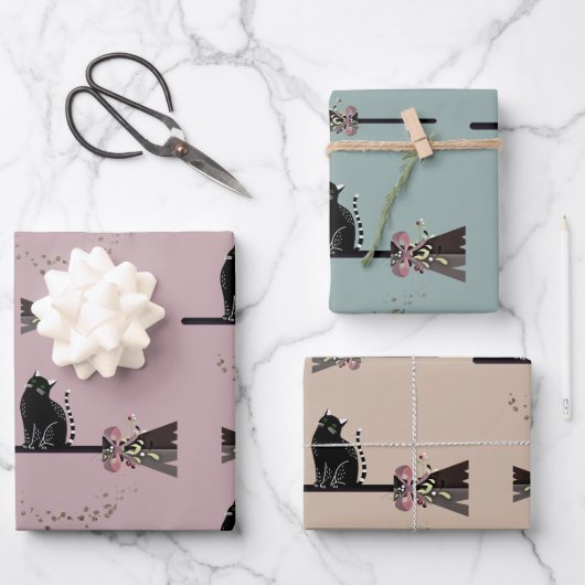 Leuke heksen bloemenroze bezemsteel zwarte kat inpakpapier vel (Voorkant)