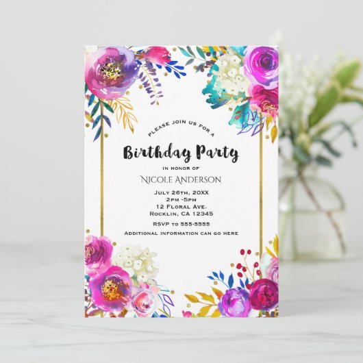 Leuke heldere, sterke waterverf bloemige verjaarda kaart (Staand voorkant)