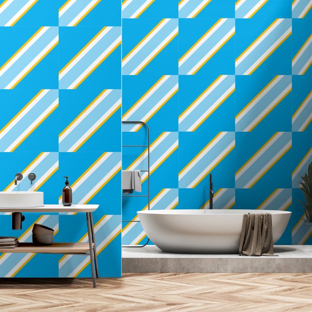 Leuke heldere twee blauwe gele witte diagonale str behang (Badkamer)