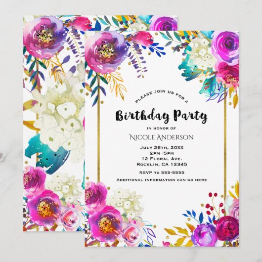Leuke heldere waterverf bloemen verjaardagsfeestje kaart (Voorkant / Achterkant)