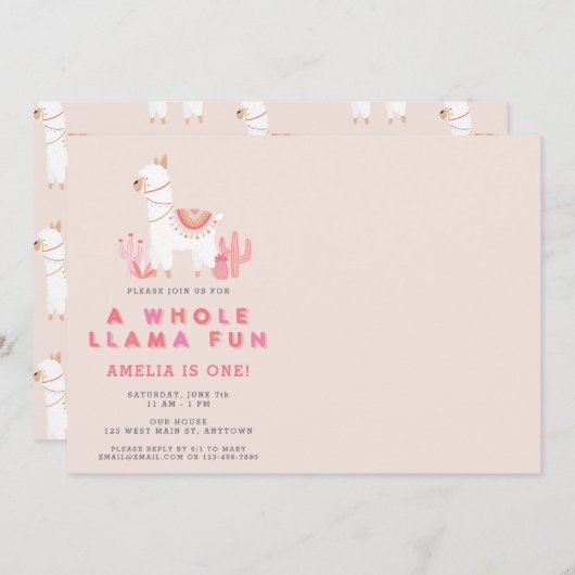 Leuke hele lama leuk roze eerste verjaardag foto kaart (Voorkant / Achterkant)