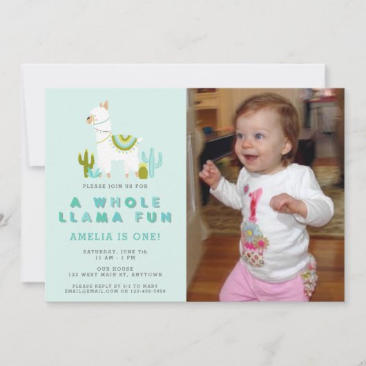 Leuke hele Llama Fun Aqua Eerste verjaardag Foto Kaart (Voorkant)