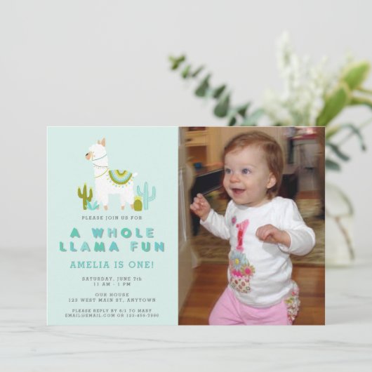Leuke hele Llama Fun Aqua Eerste verjaardag Foto Kaart (Staand voorkant)