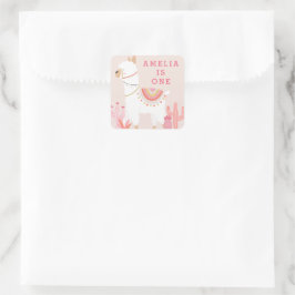 Leuke hele Llama Leuk Roze 1e Verjaardag Favor Vierkante Sticker