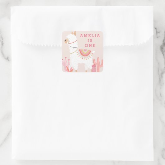 Leuke hele Llama Leuk Roze 1e Verjaardag Favor Vierkante Sticker (Tas)